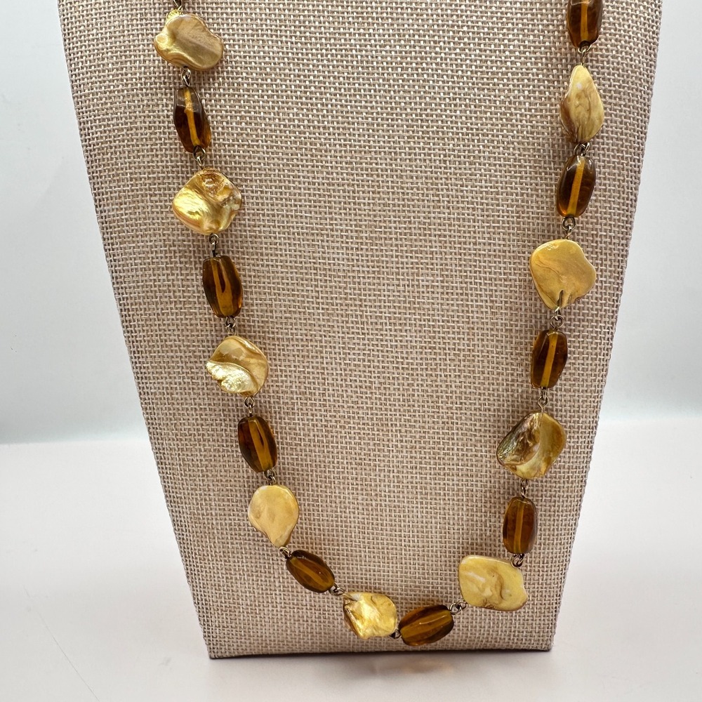 Vintage Y2K Mother of Pearl Amber Beaded Necklace Boho Statement Jewelry